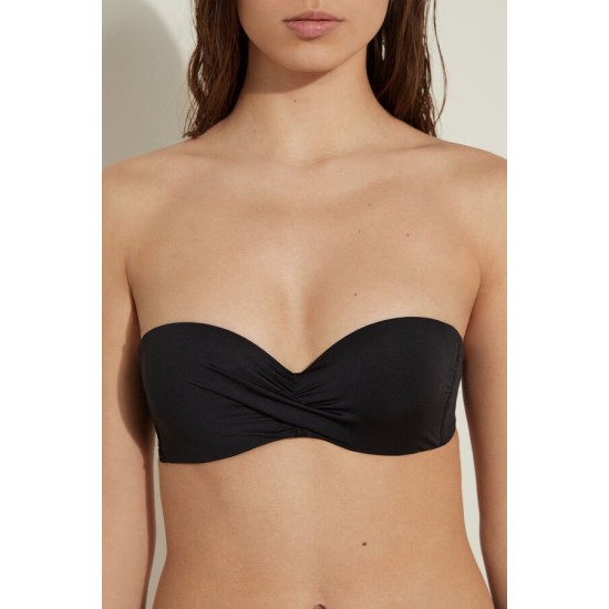 Shoshanna Black Tide Jacquard Twist Bandeau Bikini Top