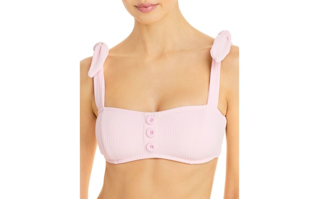  Ribbed Tie Strap Bikini Top, Pink, D