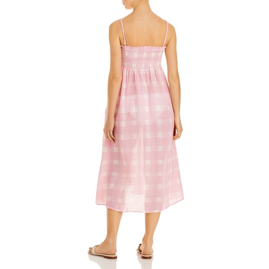 Solid & Striped The Willow Gingham Skirt/Dress Swim Coverup, Pink, Pink, Large