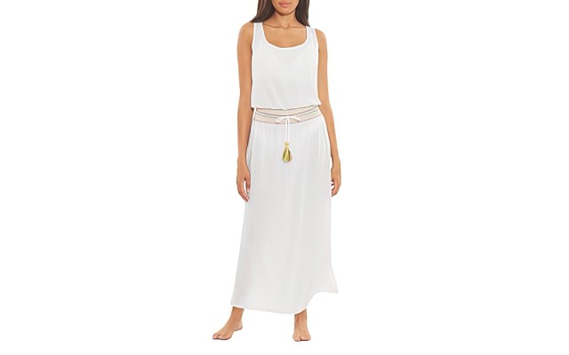  Women’s Sunset Multi Smocked Waist Maxi Dress Swim Cover Up White M