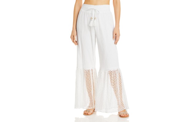  Womens Smocked Tassel Pants Swim Cover-Up White L
