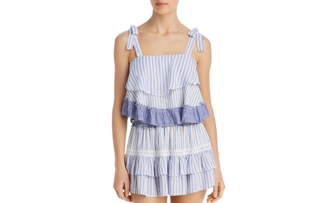  Women’s Striped Combo Ruffle Swim Cover-Up Tank Top, Blue/White, Medium