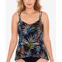Swim Solutions Palm-Print Tankini Top, Black/Multi, 10
