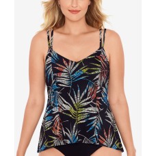 Swim Solutions Palm-Print Tankini Top, Black/Multi, 10
