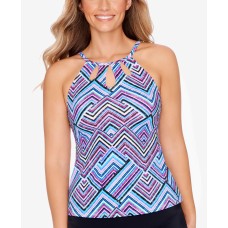 Swim Solutions Printed High-Neck Cut-Out Tankini Top, 10, Multicolor