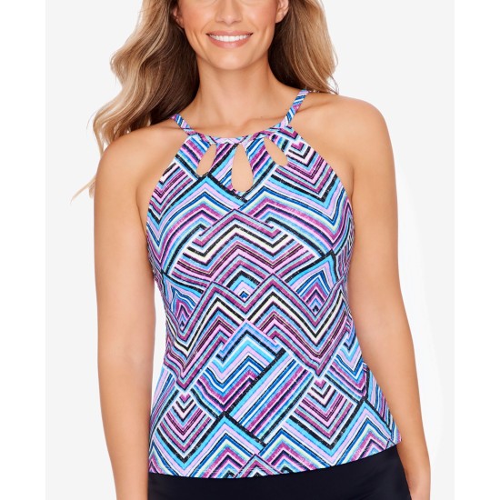  Printed High-Neck Cut-Out Tankini Top, 10, Multicolor