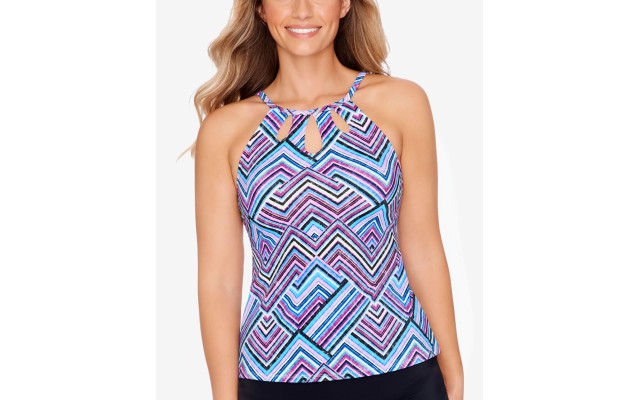 Printed High-Neck Cut-Out Tankini Top, Multi, 8