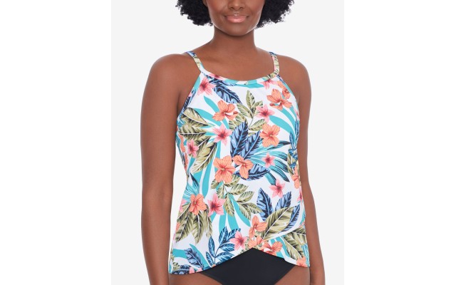  Printed High-Neck Overlap-Hem Tankini Top, Multi, 10