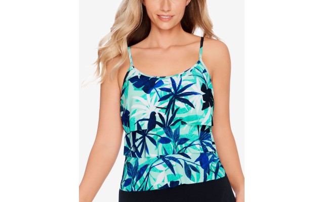  Printed Triple-Tier Tankini Top, Blue/Multi, 16