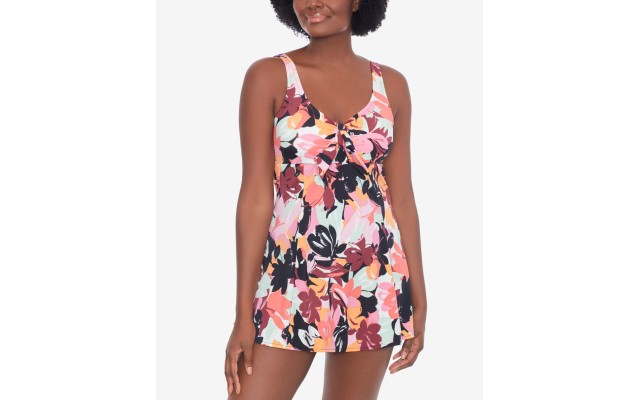  Printed Tummy-Control Swimdress, 14, Multicolor
