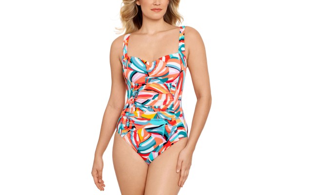  Shirred Tummy-Control One-Piece Swimsuit, Multi, 14