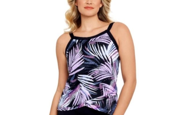  Sprinkle Leaf Printed Underwire Crossover-Hem Tankini Top, Multi, 8