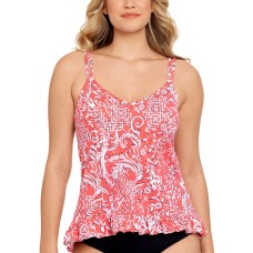 SWIM SOLUTIONS Women S Coral Printed Stretch Lined Ruffled Hem Deep V Neck Adjustable Mix It up Tankini Swimsuit Top 8