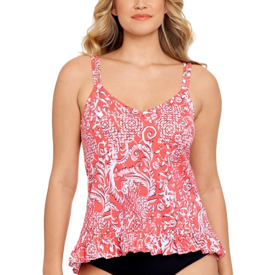  Women S Coral Printed Stretch Lined Ruffled Hem Deep V Neck Adjustable Mix It up Tankini Swimsuit Top 8