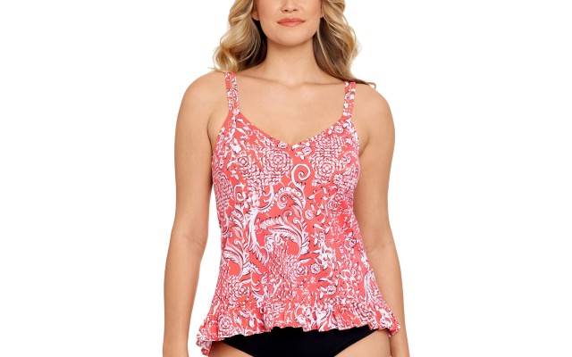  Women S Coral Printed Stretch Lined Ruffled Hem Deep V Neck Adjustable Mix It up Tankini Swimsuit Top 8