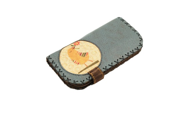 Handmade Womens Vegan Wallet Water-based Print Eco Friendly Faux Leather Wallet, Blue, Bird