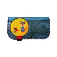 The Season Essentials Handmade Womens Vegan Wallet Water-based Print Eco Friendly Faux Leather Wallet, Blue, Cats and Mice