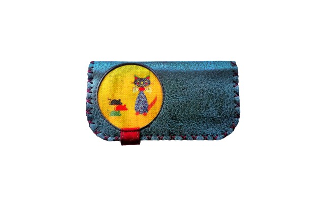  Handmade Womens Vegan Wallet Water-based Print Eco Friendly Faux Leather Wallet, Blue, Cats and Mice