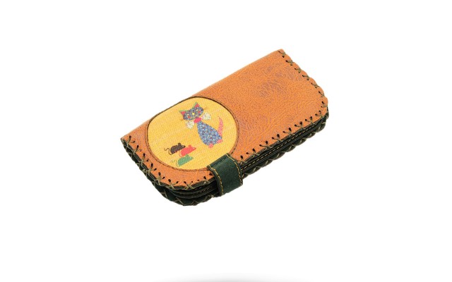  Handmade Womens Vegan Wallet Water-based Print Eco Friendly Faux Leather Wallet, Orange, Cats and Mice