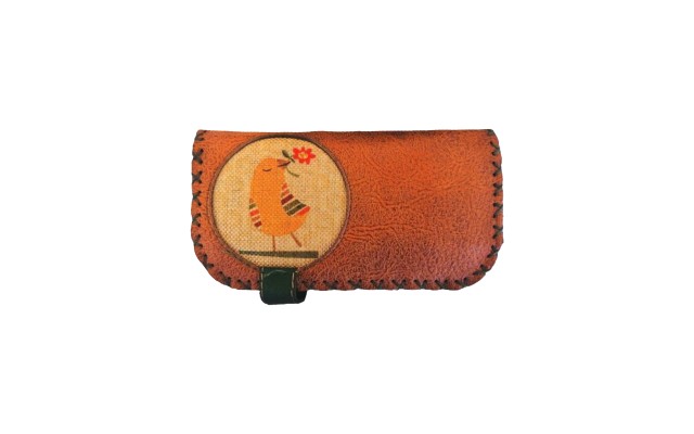  Handmade Womens Vegan Wallet Water-based Print Eco Friendly Faux Leather Wallet, Orange, Bird
