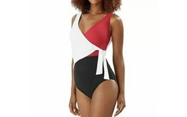  Island Cays Colorblock Wrap-Front One-Piece Swimsuit, Red, 10