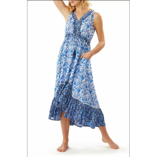  Womens Floral Ruffle Dress Swim Cover-Up Navy Small