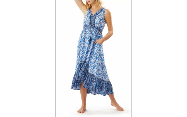  Womens Floral Ruffle Dress Swim Cover-Up Navy Small