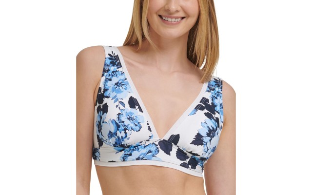  Mesh-Trim Printed Bikini Top Women’s Swimsuit, Medium, Blue/white