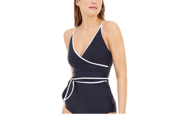  Wrap-Front Belted Tankini Top, Medium, Navy