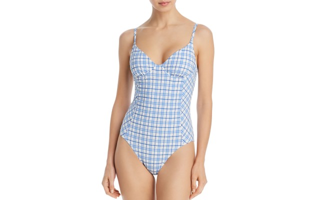 Tory Burch Swimwear Gingham One-Piece Swimsuit, Blue, XS