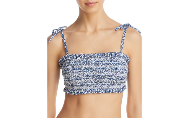  Women’s Costa Printed Bandeau Bikini Top in Blue Keepsake Size Large, Navy