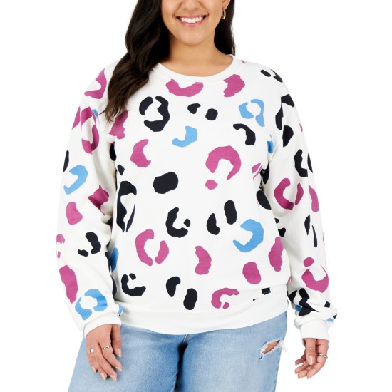 Trendy Plus Size Leopard Print Sweatshirt, Beige, 2X