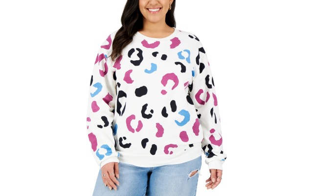 Trendy Plus Size Leopard Print Sweatshirt, Beige, 1X