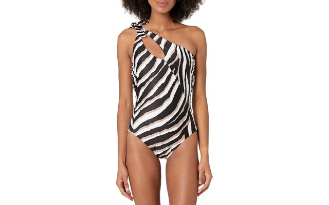  Vivant Asymmetrical One-Piece Swimsuit, 10, Black/White