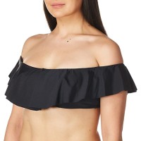 Trina Turk Women’s Standard Off Shoulder Ruffle Bandeau Bikini Swimsuit Top, Black/Key Solids, 6