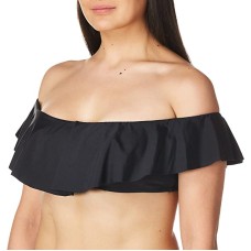 Trina Turk Women’s Standard Off Shoulder Ruffle Bandeau Bikini Swimsuit Top, Black/Key Solids, 6