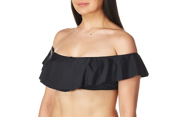  Women’s Standard Off Shoulder Ruffle Bandeau Bikini Swimsuit Top, Black/Key Solids, 6
