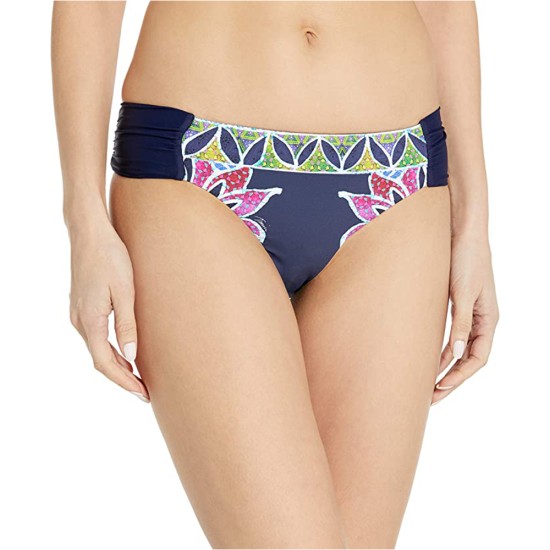  Women’s Standard Shirred Side Hipster Pant Bikini Swimsuit Bottom, Navy/Lotus Batik Print, 14