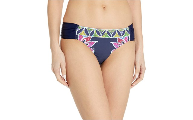  Women’s Standard Shirred Side Hipster Pant Bikini Swimsuit Bottom, Navy/Lotus Batik Print, 14