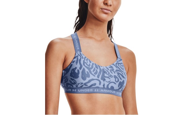  Women’s HeatGear Strappy-Back Low Impact Sports Bra, Blue, Medium