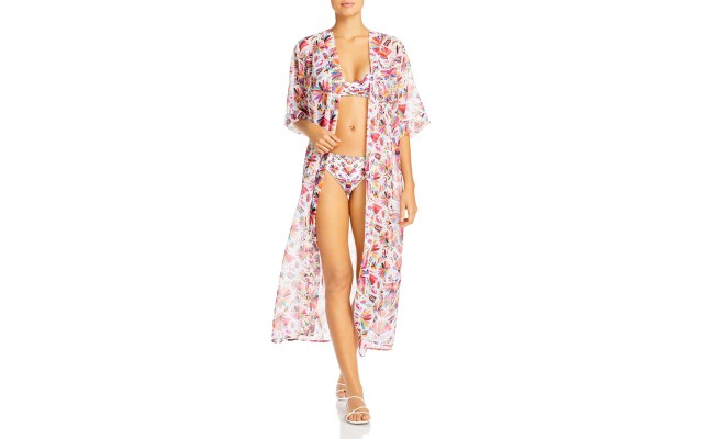 Verdelimon Womens Printed Tie Front Caftan Swim Cover-up Pink One-Size