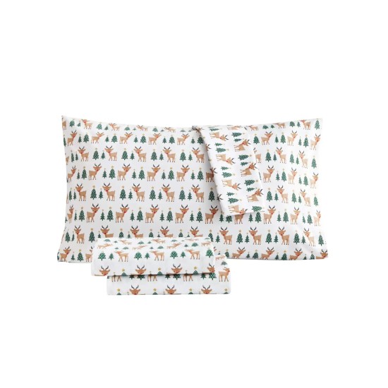  Holiday Reindeer and Christmas Trees Sheet Set, Twin, White