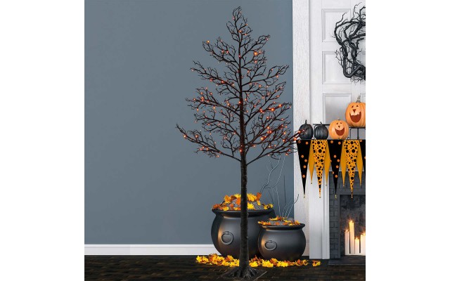 6' Halloween Black Glitter Tree With LED Lights