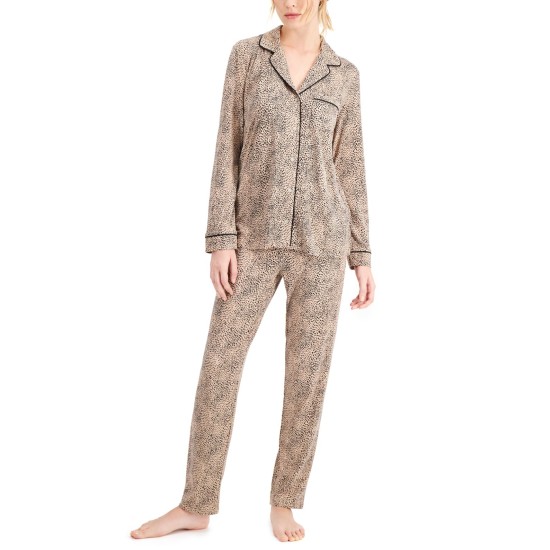  Women's Ultra-Soft Printed Pajama Sets, Brown, X-Small