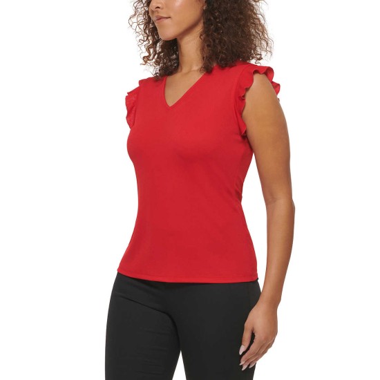  Ladies' Ruffle Sleeve Blouse, Red, Large