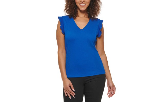 Ladies' Ruffle Sleeve Blouse, Blue, Large