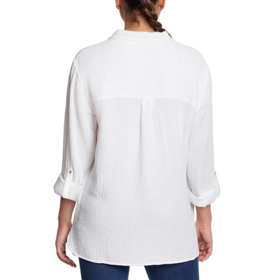  Ladies' Gauze Button Up Top, White, Large