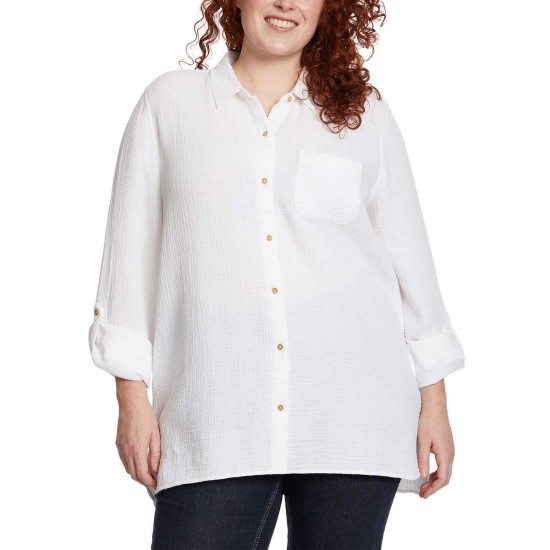  Ladies' Gauze Button Up Top, White, Large