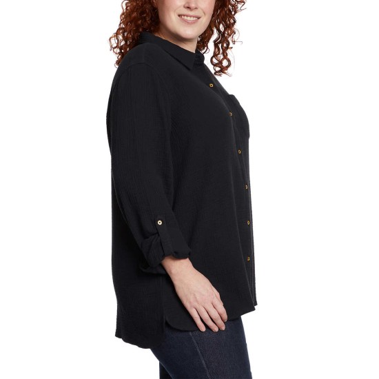  Ladies' Gauze Button Up Top, Black, Large