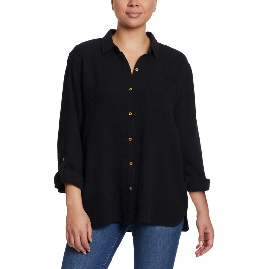  Ladies' Gauze Button Up Top, Black, Small